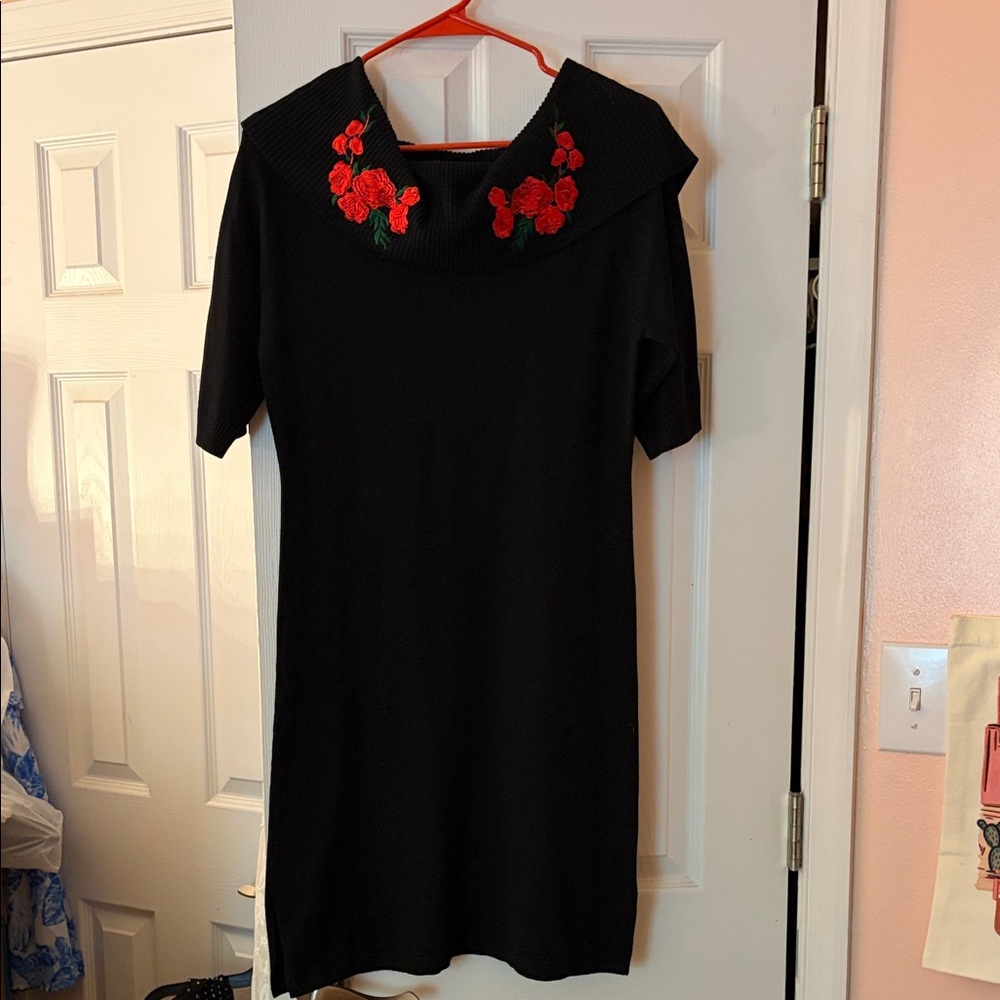 Elegant Sweater Dress with Red Floral Accents